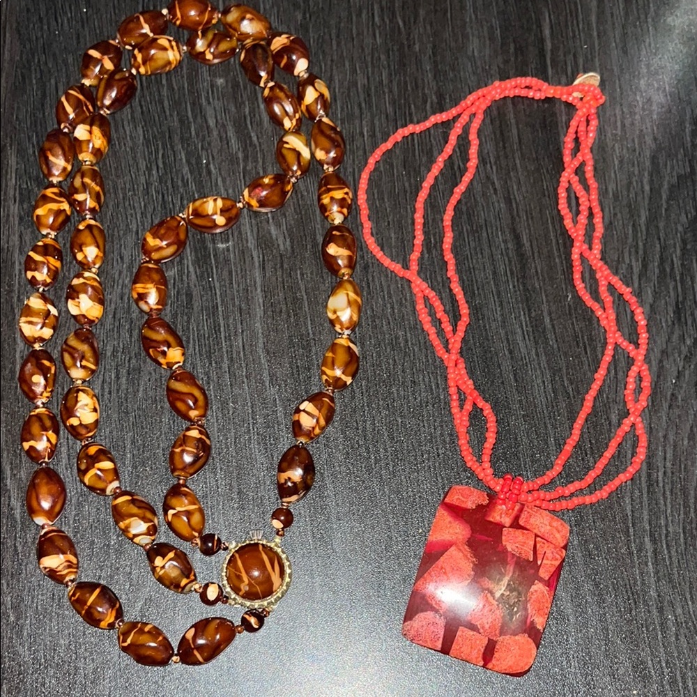 Amber and Red Coral Necklace Set